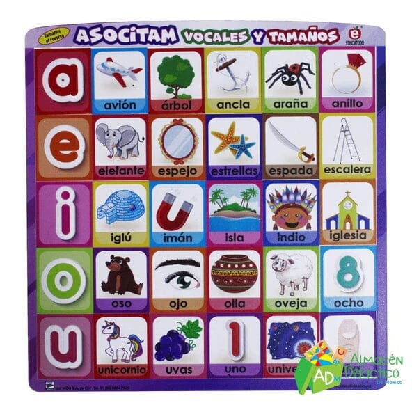 TABLERO ASOCITAM ASOCIACIÓN DE VOCALES CON IMAGENES, COLORES Y TAMAÑOS